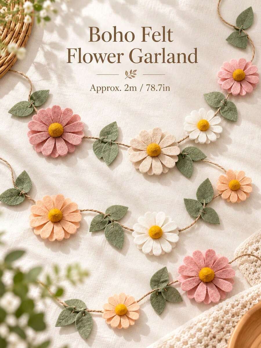 1pc Bohemian Style Felt Floral Wreath, Handmade Daisy & Leaf Hanging Banner, Macaron Color Floral Wall Decor, Suitable For Bedroom, Window, Party, Wedding, Birthday And Spring Home Decoration - Multicolor - View 1