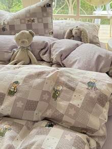 4PCS Purple-Grey Plaid Bear Duvet Cover Set, Polyester, Includes 1 Duvet Cover, 1 Bed Sheet, 2 Pillowcases, Without Duvet Insert And Pillow Insert, Pillowcase Pattern Randomly Cropped - Purple Gray - View 12