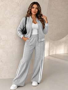 ChicMe Women's Colorblock Striped Baseball Style 2 Pieces Set, Snap Button Jacket With High Waist Wide Leg Sweatpants - Grey - View 4