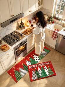 1/2pcs Christmas Kitchen Decor Rugs, Colorful Christmas Tree Pattern Design Winter Kitchen Rugs And Mats, Non-Slip Washable Absorbent Kitchen Accessories Decorative Mats, Christmas Holiday Gifts! - Multicolor - View 3