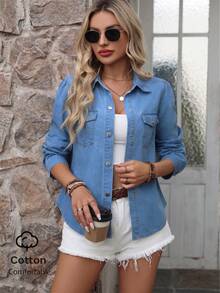 Women's Light Blue Long Sleeve Denim Shirt, Versatile Top Casual - Light Wash - View 1