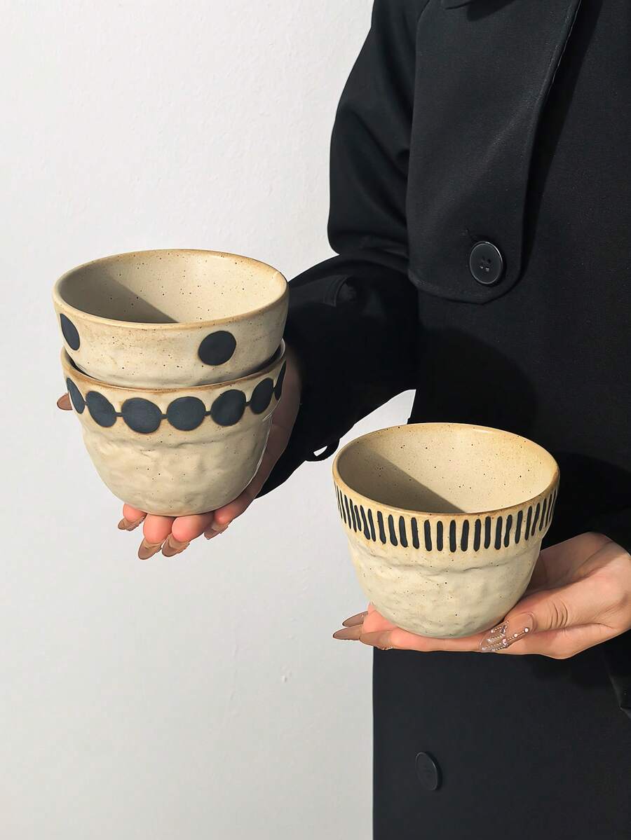 1pc Handmade Wabi-Sabi Ceramic Cup, Vintage Coarse Pottery Handheld Coffee Mug, Minimalist Mori Style Highly Attractive Tea Cup, Hand-Painted Polka Dot/Vertical Stripe/Circle Pattern, Suitable For Latte, Tea, Daily Use/Coffee Shop Commercial