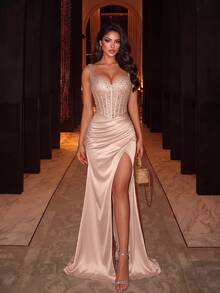 ADYCE Elegant Sequin Patchwork Thick Strap High Waist Pleated Corset High Slit Tie Back Floor Length Ball Gown, Suitable For Party Wedding Autumn - Champagne - View 2