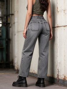 Pantalones Vaqueros Wide Leg Tiro Alto Lavado Gris Estilo Trabajo Grunge Retro 90s - Azul - Ver 9