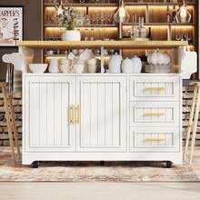 Multi-Function Kitchen Island/ Movable Dining Table Extension, Vertical-Groove Cabinets, Large Drawer Storage, Both-Sides Fold-Out Top, & Rolling Buffet Sideboard - White + MDF - View 2