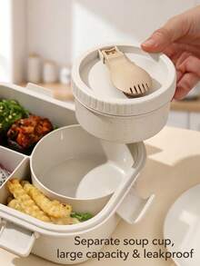 1pc Lunch Box - Beige - With Utensils, Microwaveable Bento Box, Adult Lunch Box With Soup Bowl Set, Compartment Food Storage Container, Lunch Bag, Suitable For Christmas Gift, Student Back To School, Birthday Gift, Wedding, Holiday Souvenir - Multicolor - View 4