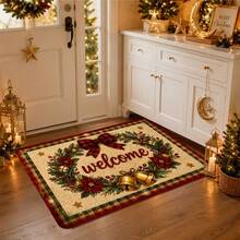 1pc Non-Slip Indoor/Outdoor Welcome Doormat, Suitable For Christmas, With Plaid Bow & Gold Bell, Felt Material, Machine Washable Thickened Mat, Suitable For Entryway, Living Room, Bedroom, Home Decor - Holiday Decoration - C - View 8