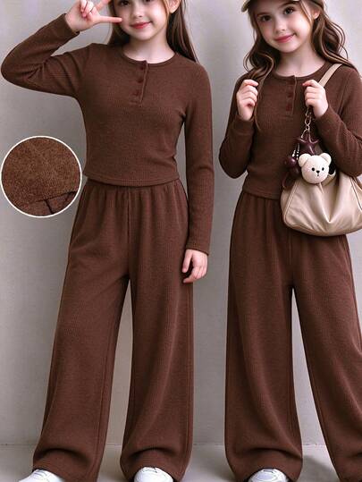 Lurzo 2pcs/Set Girls Autumn/Winter Warm Vintage Maillard Ribbed Knit Wool Set, Vintage Henley Collar Knit 2 Pieces Set, Soft And Comfortable Fabric, Suitable For Various Outdoor Scenes In Autumn/Winter
