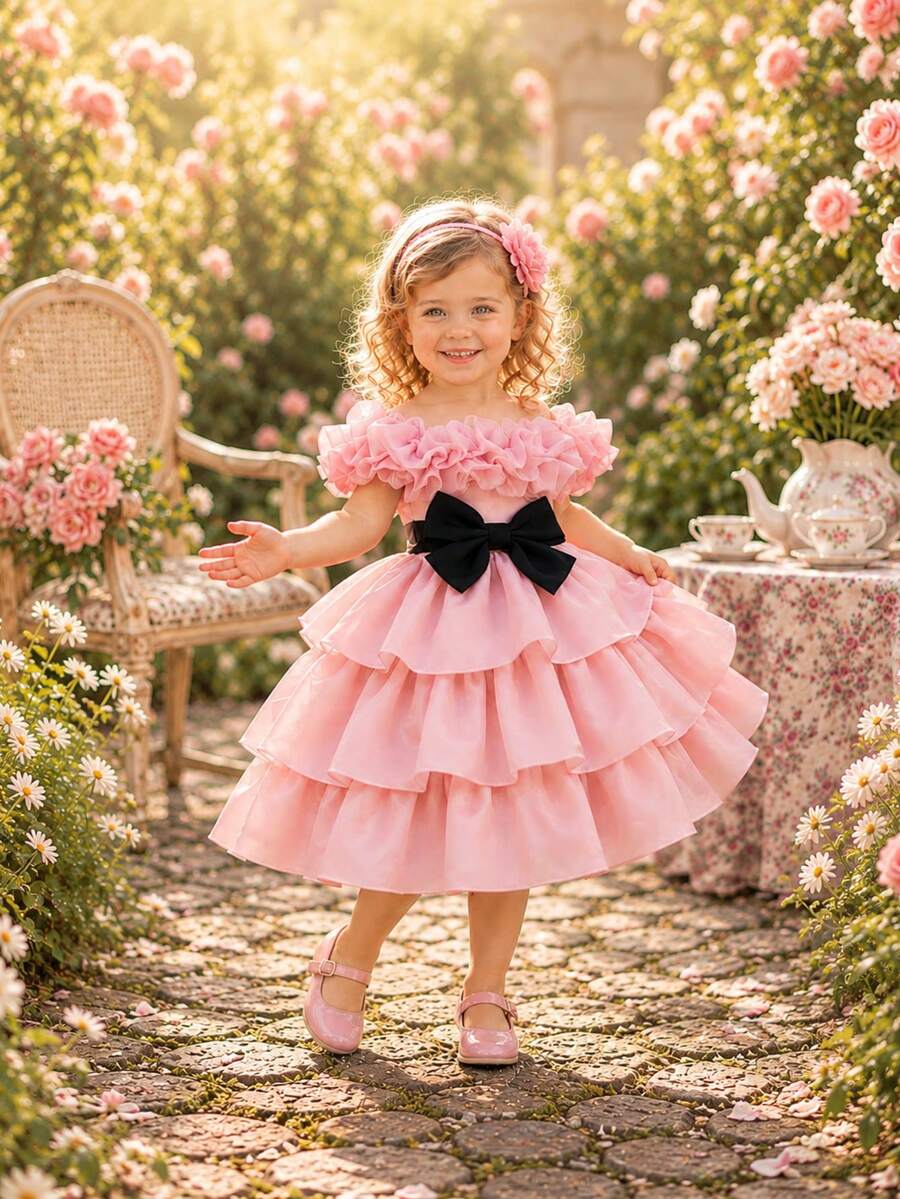 Vestido de fiesta con volantes y lazo de tul para niñas pequeñas, vestido de niña de las flores princesa lindo adecuado para fiestas, bodas y banquetes - Rosa - Ver 1