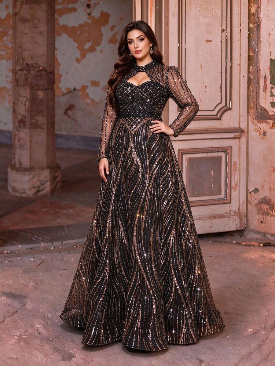 Plus Size Elegant Sequin Embroidered Beaded Full Skirt A-Line Long Formal Dress, High Neck Long Sleeve Waist-Cinching Design, Suitable For Parties And Weddings - Black - View 1