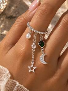 outingfit 1pc New Multi-Layer Tassel Emerald Crystal Star & Moon Pendant Ring, Versatile European & American Style Minimalist Tassel Ring For Women, Premium Design - Silver - View 1
