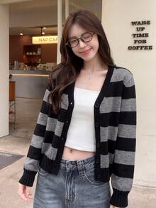 Women's Striped Deep V-Neck Knit Cardigan, Long Sleeve Regular Length, Button Detail, Slightly Elastic Loose Casual Style - Grey - View 6