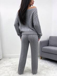 女款秋冬純色刺繡休閒上衣 + 鉛筆褲針織兩件套，適合日常戶外穿著 - 灰色 - 查看 3