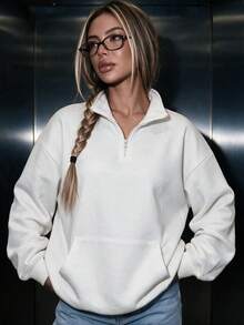 Women's Casual Fleece Stand Collar Half Zip Pocket Loose Long Sleeve Sweatshirt, Suitable For Daily Autumn/Winter Wear, Autumn/Winter Clothing Set - White - View 1