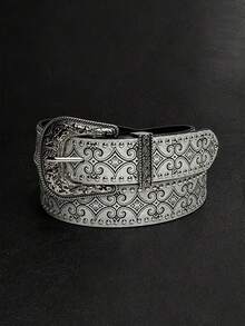1pc Vintage Western Rivet Belt, Silver Retro Embossed Metal Buckle, Niche Minimalist Fashion Waist Belt - Multicolor - View 3