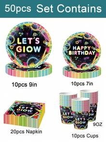 80/60/50/10pcs Fluorescent Party Supplies, Children's Birthday Party Decoration, Glow-In-The-Dark Tableware Set Including 20-Person Paper Plates, Napkins And Paper Cups, Disposable Tableware Set Suitable For Birthday Parties, Holiday Gatherings - View 12