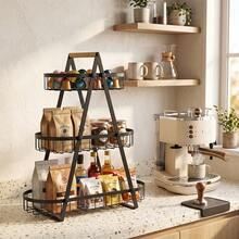 Super life A 2/3-Tier Metal Fruit Basket With A Wooden Handle-A Multi-Level Countertop Organizer For Fruits And Vegetables, Or A Farmhouse-Style Rack For Bread And Snacks, Perfect For Kitchen Countertops. - Black - View 9