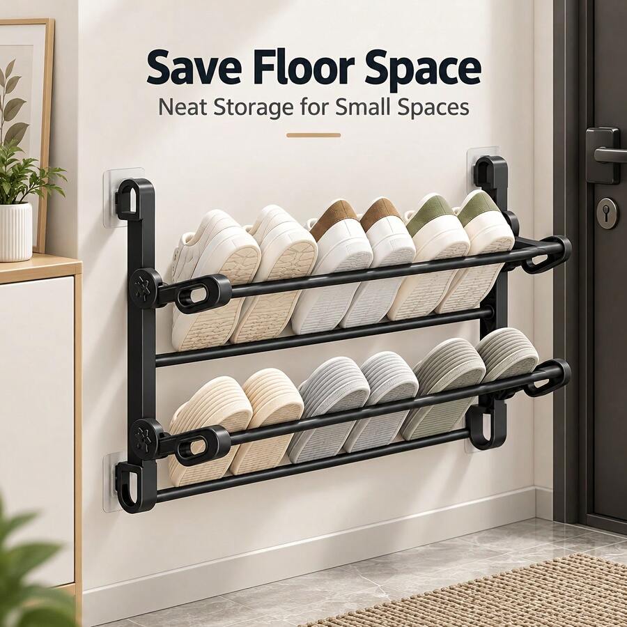 No-Drill Wall-Mounted Double-Layer Foldable Shoe Rack, 19.69 Inch Adjustable Angle Shoe Storage Rack, Black Space-Saving, Suitable For Behind Door, Behind Bathroom Door, Rear Storage Rack - Black - View 1