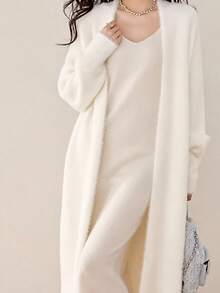 Women's Rib-Knit Plus Size Midi Cardigan With Drop Shoulder Long Sleeves, Perfect For Fall & Winter Comfort And Style - Apricot - View 5