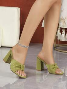 Square Toe Block Heel Mules, Green Faux Suede Slide Sandals With Fabric Buckle, Women Casual Summer Slip On High Heels - Olive Green - View 4