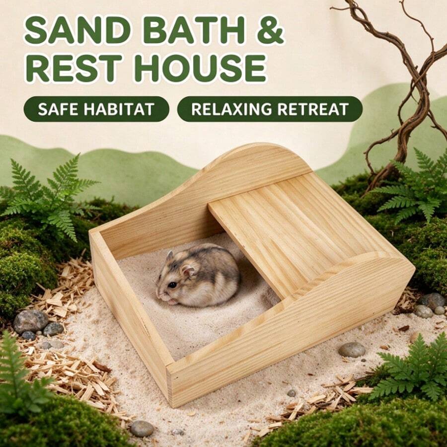 2-In-1 Wood Hamster Sand Bath Box & Rest Hideaway House, Natural Timber ...
