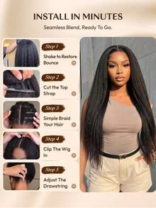 UNice Kinky Straight New Easicontour V-Shaped Glueless Wig Invisible Drawstring Fits All Sizes Minimal Leave-Out No Lace, 100% Human Hair, Realistic Scalp Fit No Glue Needed No Leave-Out Required Clip-In V-Shaped Wig Suitable For Beginners Natural Black - Natural Black - View 4