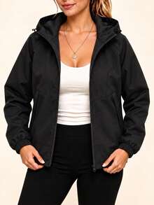 Women's Pure Black Drawstring Hooded Jacket, Full Zip Hem Adjustable Drawstring Side Hidden Pockets Elastic Cuffs Loose Casual Top - Black - View 1