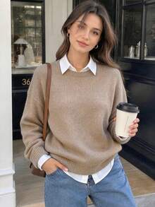 Women's Soft Sweater, Solid Color Crew Neck Pullover, Machine Washable Warm Casual Knit Top, Suitable For Autumn/Winter Layering, Opaque - Earth Gray - View 7