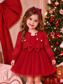 Baby Girls 2pcs/Set Valentine's Day Red Jacquard Button Design Long Sleeve Jacket & Bow Tulle Spaghetti Strap Dress, Sweet Princess Holiday Outfit Set - Red - View 1