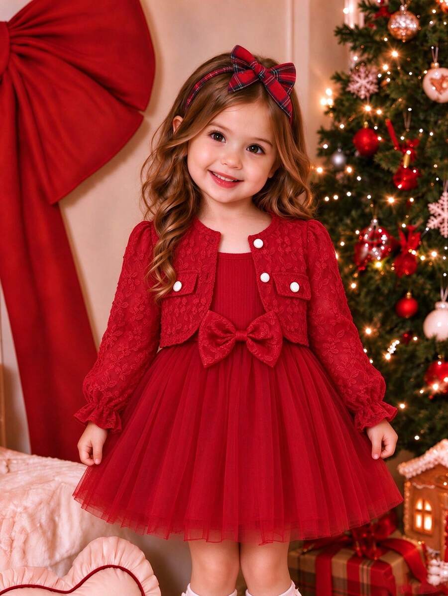 Baby Girls 2pcs/Set Valentine's Day Red Jacquard Button Design Long Sleeve Jacket & Bow Tulle Spaghetti Strap Dress, Sweet Princess Holiday Outfit Set - Red - View 1
