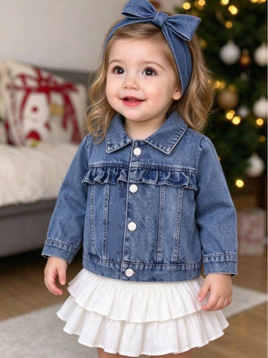 1pc Baby Girl Blue Cute Style Ruffle Front Decor Long Sleeve Jacket, Spring/Autumn - Blue - View 1