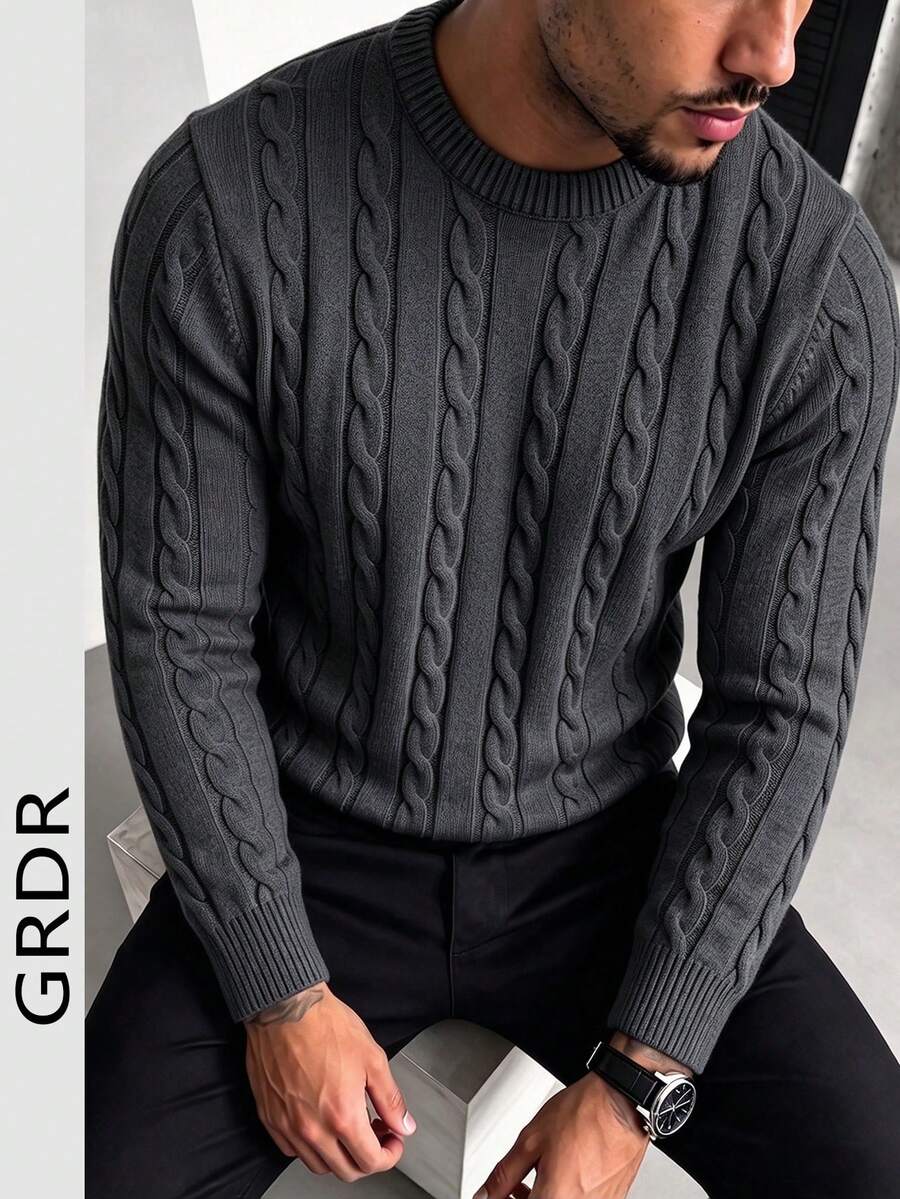 GRDR Men's Casual Cable Knit Crew Neck Long Sleeve Sweater