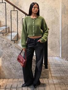 Vuslat Women's Autumn/Winter Green Minimalist Round Neck Button Long Sleeve Sweater Basic Solid Color Cardigan, Commute Afternoon Tea Christmas Party - Green - View 7