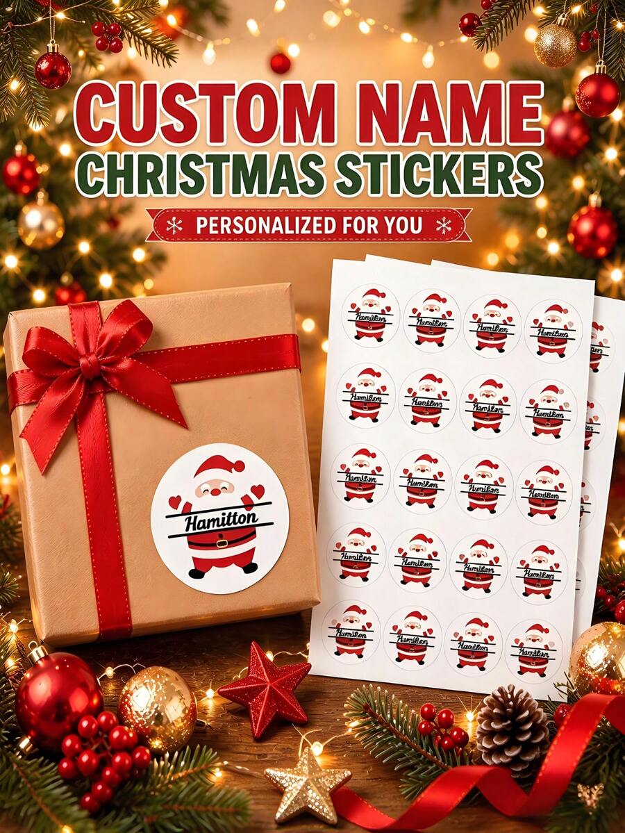 Custom Santa Name Stickers, Round Christmas Decor Labels, Personalized Stickers For Water Bottle Candy, Kids Holiday Gift For Family Friend Classmates - Multicolor - View 1