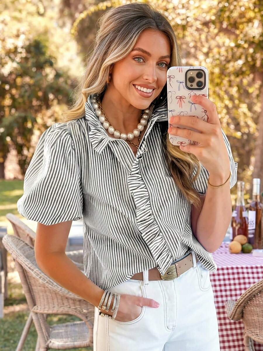 Acelitt Summer Black & White Contrast Striped Petal Sleeve Stand Collar Ruffle Casual Shirt - Black - View 1