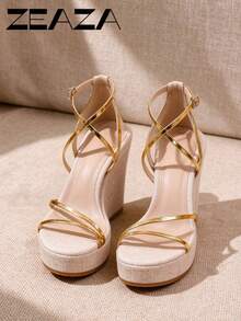 Women's Wedge Heel Thick Sole Sandals, Versatile New Style Suitable For All Seasons, Travel And Beach - Gold - View 5