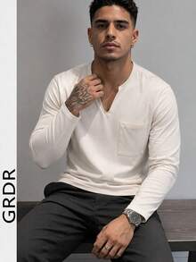 GRDR Men's Small V-Neck Henley Long Sleeve T-Shirt, Spring/Autumn, Solid Color, Slim Fit, Casual Pullover Top With Chest Pocket - Apricot - View 2
