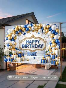 Customizable Name Blue White Gold Balloons Happy Birthday Backdrop, Blue White Floral, Gift Box, Stars, Ribbon Pattern Decorative Design For Princess/Prince Birthday, Baby Shower, Parents, Anniversary Celebration Photography Background Vinyl - Blue - View 4