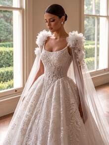 1 Pair 3D Floral Lace Embroidered Cathedral Style Tulle Bridal Shoulder Wrap, Detachable Flowing Shoulder Wrap, Suitable For Garden Wedding And Bridal Photography - White - View 3