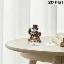 1pc Vintage Christmas Snowman Acrylic Tabletop Stand, 2D Flat Printed Snowman With Winter Town Scene Rotating Ornament, Xmas Table Decor Gift - D - View 6
