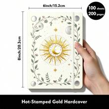 A5 Lined Hardcover Notebook, Vintage Sun Moon Floral Gold Foil Memo Pad, 100 Sheets/200 Pages, With Elastic Band And Back Pocket, Suitable For Note-Taking And Journaling - Star and Moon Notebook - View 3