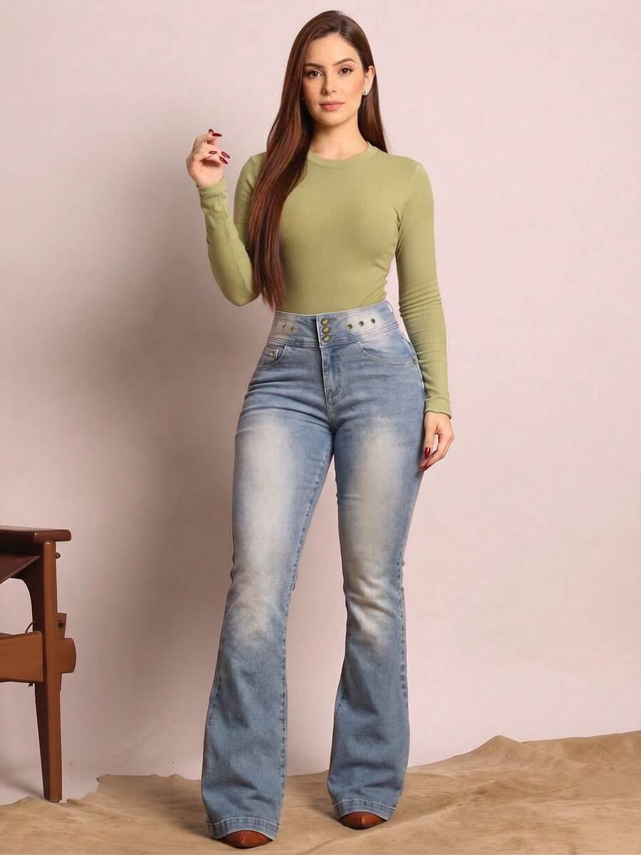 Quần jeans ống loe nữ Y2K màu xanh nhạt, cạp thấp nhiều cúc, co giãn ôm dáng ống bootcut, quần denim phong cách streetwear vintage - Rửa nhẹ - Xem 1