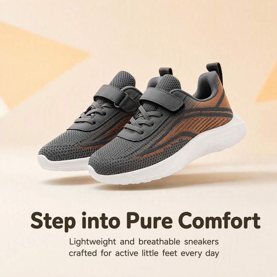 Grey Brown Knit Mesh Kids' Sports Shoes, Hook And Loop Easy On/Off, EVA Lightweight Cushioned Sole, Boys' Casual Running Shoes, Breathable Non-Stuffy Student Outdoor Shoes