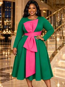 Plus Size Women's Colorblock Midi Dress, Long Sleeve Asymmetric Design ...