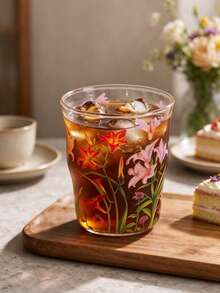 1pc Vintage Pink Lily Glass Cup, Minimalist Style, High Borosilicate Glass Material, Curved Body Design, Exquisite Floral Embossed Pattern, Heat-Resistant For Cold And Hot Drinks, Coffee Tea Water Cup, Suitable For Home Afternoon Tea, Birthday Gift, All Seasons - Multicolor - View 1