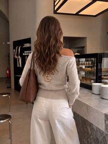 Women's Asymmetric Collar Long Sleeve Knit Top, Casual Slim Fit Cropped Sweater, Suitable For Date, Daily Wear, Weekend Outings - Champagne - View 6