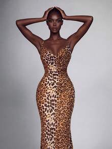 Elegant Women's Leopard Print Chiffon Maxi Dress, Sleeveless Halter Neck Slim Fit, Suitable For Party And Casual Occasions - Brown - View 6