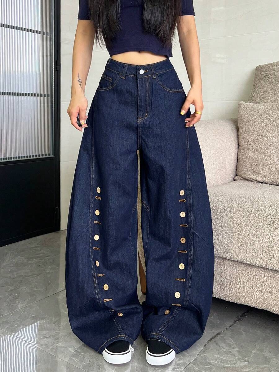 1pc Women's Retro Street Style Multi-Button Patchwork Balloon Jeans, Loose Fit Wide Leg Comfortable Casual Versatile Denim Pants, All Season (Belt/Accessories Not Included) - Blue - View 1
