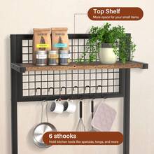 Rustic Brown 4-Tier Kitchen Baker's Rack With Microwave Stand, Grid Panel And 6 Removable Hooks - Brown - View 7