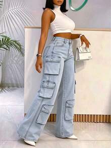 Women's Casual Daily Travel Utility Denim Jeans With Pocket And Button - Light Blue - View 2